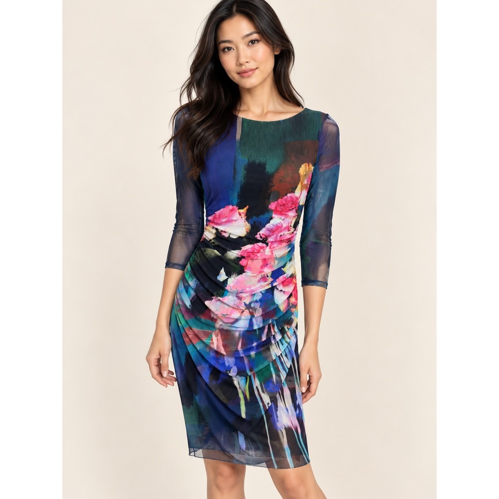 Kay Unger Floral Bodycon Ruched Mesh Sheath Midi Dress